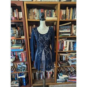 Free people blue lace chiffon and beaded mini dress scoop neck long sleeve xs